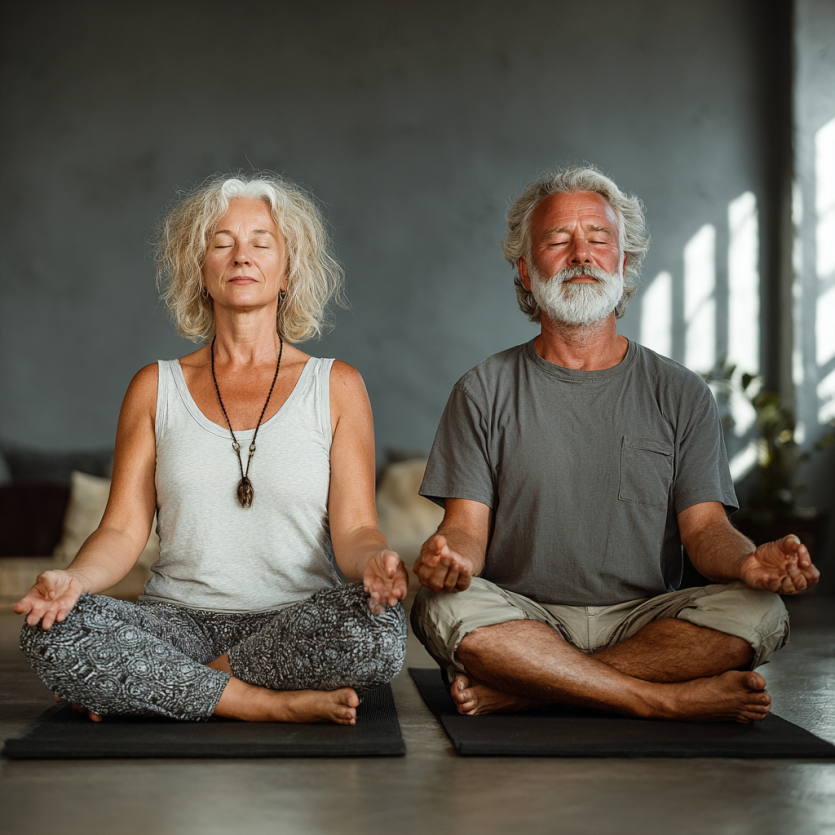 Літня жінка займається йогою