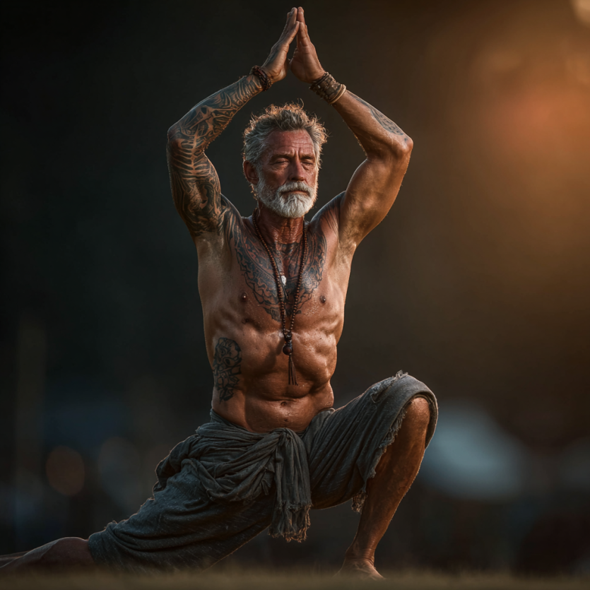 Група літніх людей займається йогою