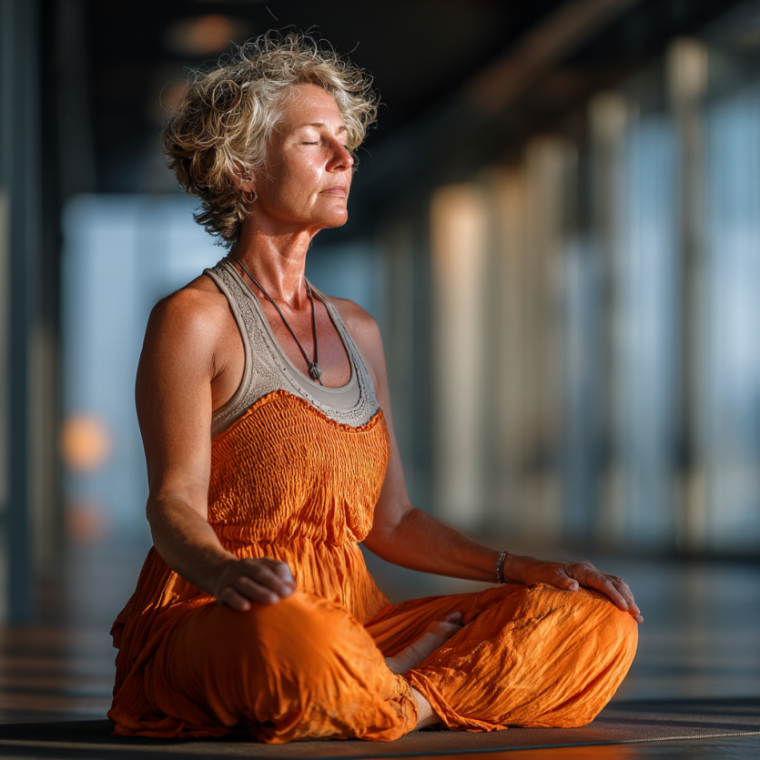 Інструктор допомагає літній жінці з позою йоги